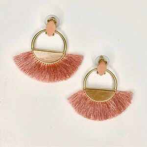 Rose Pink Fan Tassel Hoop Earrings with Wooden Accent